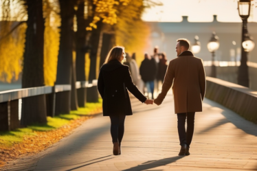 Ein Paar spaziert Hand in Hand am Donaukanal in Linz.