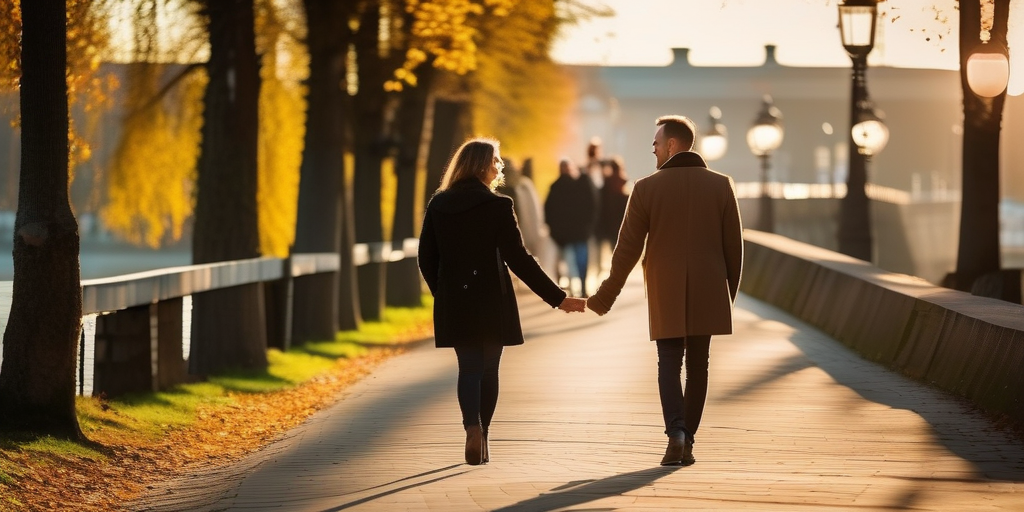 Ein Paar spaziert Hand in Hand am Donaukanal in Linz.