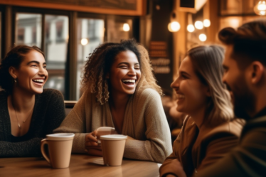Eine Gruppe junger Erwachsener unterhält sich in einem Café in Antwerpen.