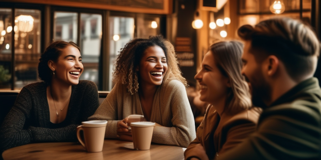 Eine Gruppe junger Erwachsener unterhält sich in einem Café in Antwerpen.