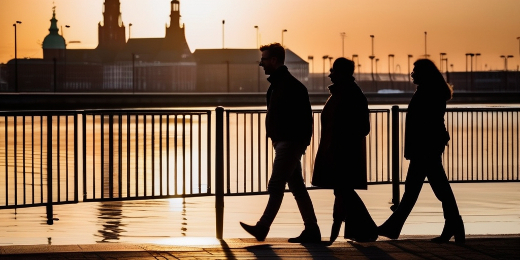Silhouetten von Menschen, die am Ufer des Schelde-Flusses in Antwerpen im Sonnenuntergang spazieren.