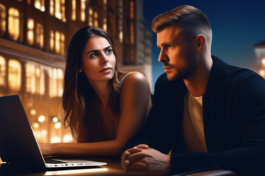 Ein Paar telefoniert über ein Laptop mit besorgtem Gesichtsausdruck. Der Hintergrund zeigt eine verschwommene Stadtlandschaft bei Nacht.