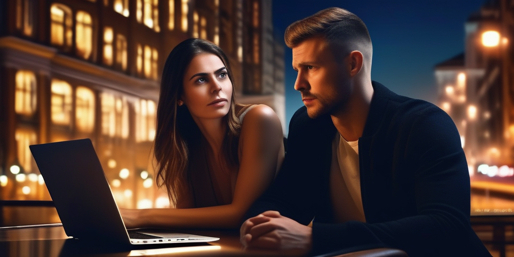 Ein Paar telefoniert über ein Laptop mit besorgtem Gesichtsausdruck. Der Hintergrund zeigt eine verschwommene Stadtlandschaft bei Nacht.