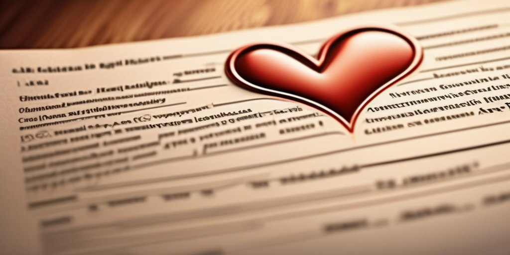 Nahaufnahme einer Rechtsdokument mit einem Herzsymbol, das die Verbindung von Liebe und rechtlichen Rahmenbedingungen in Online-Dating-Beziehungen darstellt.